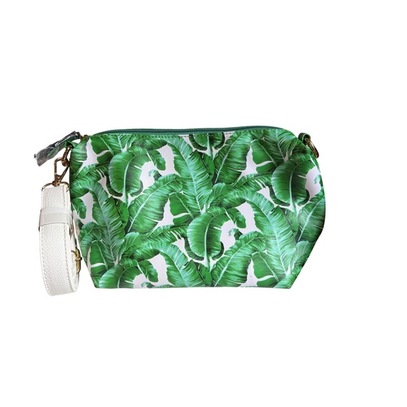 IWM Handbags - IWM Banana Leaf Print Green Tropical Palm Clutch White Strap 11.5" W X 7" tall